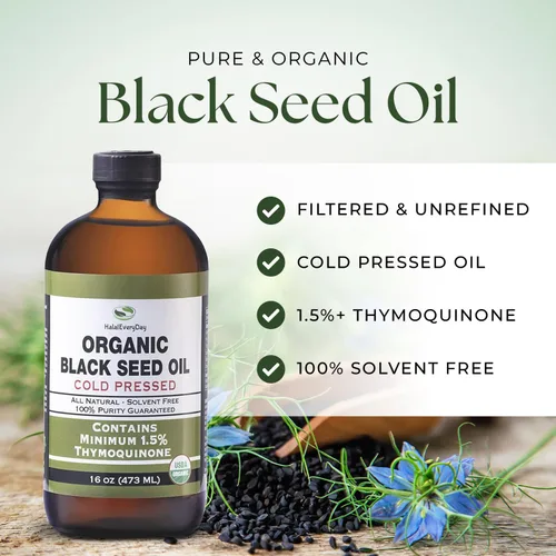 Miniatura 3 de HalalEveryDay Aceite de semilla negra orgánico – Certificado USDA, botella de vidrio prensado en frío de 16 onzas – Más de 1.5% timoquinona turca