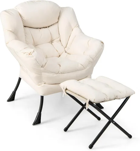 Giantex Silla perezosa con otomana, sofá decorativo con reposapiés plegable, bolsillo de almacenamiento lateral, sillón tapizado de ocio con Beige