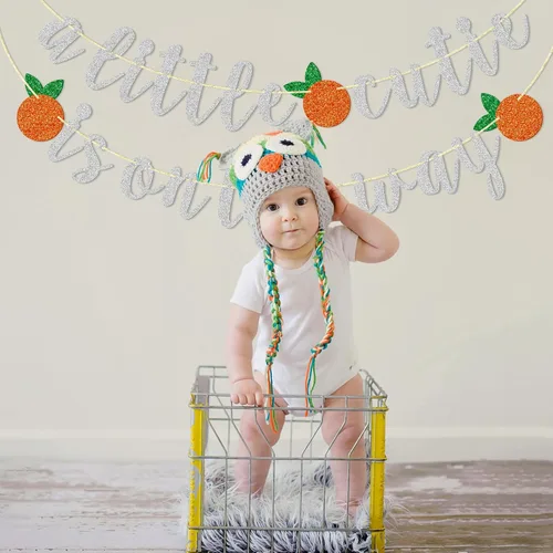 Miniatura 8 de Cartel con texto en inglés "A Little Cutie Is On The Way", pancarta de cítricos, cumpleaños temático naranja, decoración de fiesta de cumpleaños