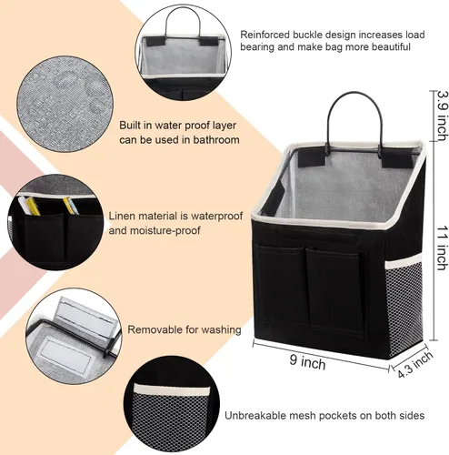 Miniatura 4 de LYroo Paquete de 2 cestas organizadoras negras para colgar en la pared con bolsillos para baño, dormitorio, cocina, dormitorio, artículos esenciales