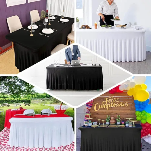 Miniatura 5 de Efavormart - Falda de mesa rectangular de una pieza de elastano de 6 pies, color negro, con volantes