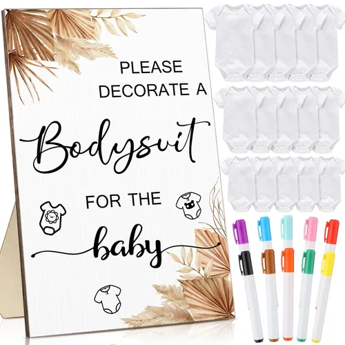 Miniatura 10 de Handepo Juego de 26 piezas para baby shower, 1 cartel de madera, 15 mamelucos blancos, 10 marcadores de tela para kit de decoración de nacimiento