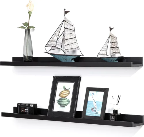 Miniatura 12 de Estantes flotantes negros para pared de 24 pulgadas con reborde, repisa moderna para cuadros, estantes de pared para fotos, decoración