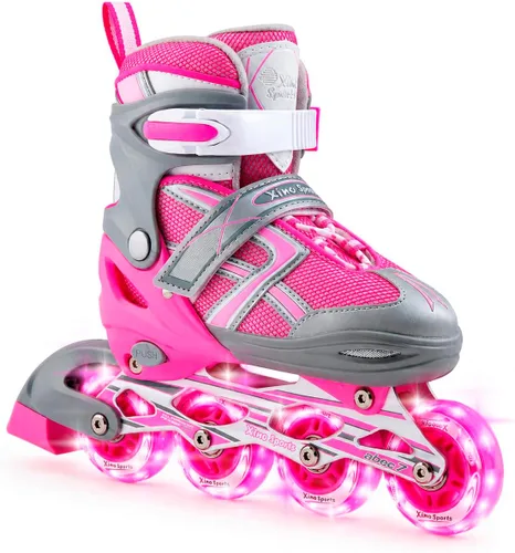 Xino Sports Patines en línea para niños y niñas – Patines ajustables con ruedas iluminadas LED – Patines juveniles para interiores y exteriores Rosa