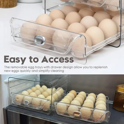 Miniatura 6 de Sea Team Soporte para huevos de plástico transparente para refrigerador, contenedor apilable para huevos con 2 bandejas extraíbles, dispensador