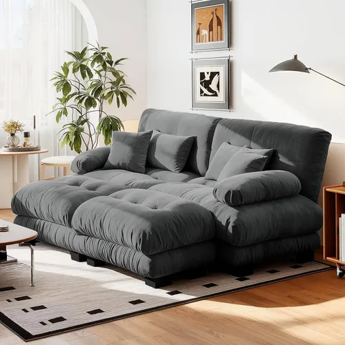 Miniatura 11 de Reposapiés Otomano Tapizado de Terciopelo con Cojín para Sofá Seccional Sofá 300 libras para Sala de Estar (Beige)
