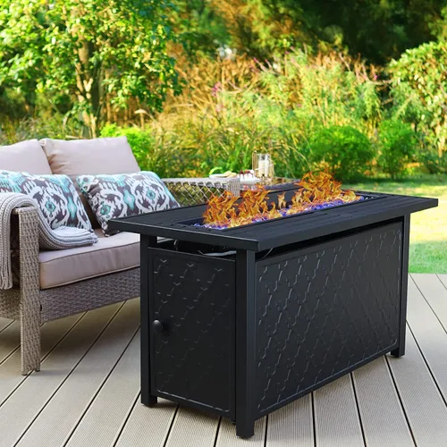 PHI VILLA Mesa para fogata de gas, 45 pulgadas, rectangular, grande, larga, para exteriores, propano 50000 BTU, mesa de fuego con tapa y vidrio azul