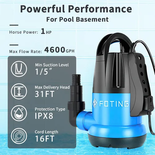 Miniatura 3 de FOTING Bomba de sumidero 1HP Bomba de agua sumergible limpia/sucia, 4600 GPH, bomba de agua termoplástica eléctrica de transferencia portátil