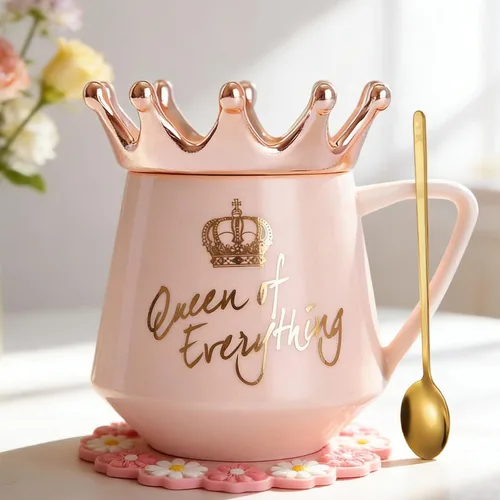 Miniatura 10 de Arawat Queen of Everything - Taza con tapa, taza negra dulce con corona de café, taza de 12 onzas, regalo con cuchara y posavasos, taza de té