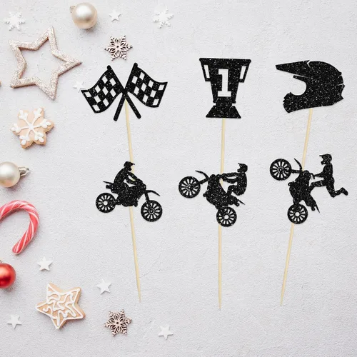 Miniatura 4 de Ephlyn Decoración para cupcakes de motocicleta, 24 piezas de decoraciones negras con purpurina para deportes, tema de motocross, para hombre y niño