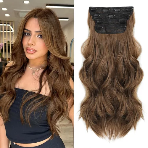 Miniatura 13 de NAYOO 4 piezas Extensiones de cabello con pinza, ondas largas y rizadas, sintéticas, gruesas, con fibra de doble trama, para mujeres, color cobre