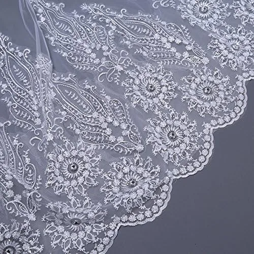 Miniatura 5 de Velo de novia para mujer, 2 niveles, largo, velo, catedral, con peine, encaje con diamantes, vestido largo de graduación, velo de boda nupcial