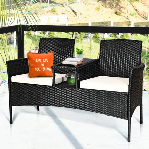 Miniatura 6 de RELAX4LIFE Juego de muebles de conversación con mesa y dos cojines extraíbles, sillas de mimbre de ratán y juego de mesa para patio, jardín, balcón