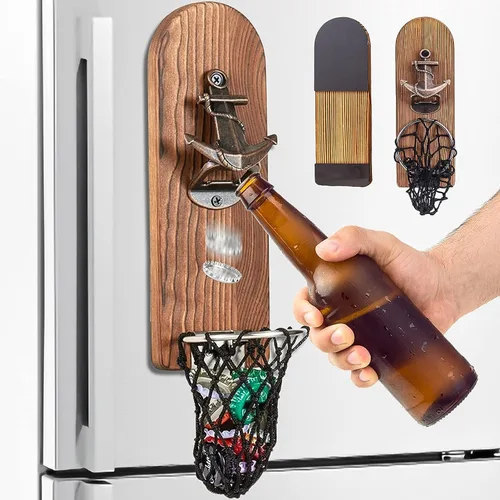 Miniatura 2 de Abrebotellas de cerveza montado en la pared con atrapador de tapas magnético, abrebotellas magnético de madera para refrigerador, regalos de cerveza