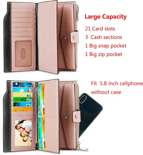 Miniatura 4 de YALUXE Cartera de piel auténtica para mujer, con bloqueo RFID, tarjetero múltiple con bolsillo para teléfono celular