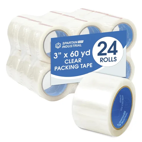 Spartan Industrial - Rollos de cinta de embalaje transparente de 3" x 60 yardas - 24 cintas anchas y resistentes para embalaje, mudanza, envío y más