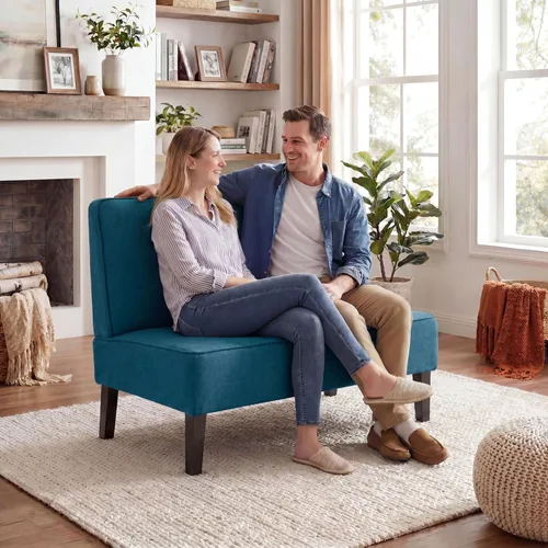 Miniatura 7 de Acolchado Lino sin brazo settee Loveseat sofá Home informal sala dormidor, Tela, Azul