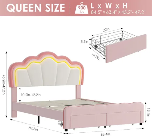 Miniatura 2 de HOSTACK Base de cama LED tapizada tamaño Queen con cajones de almacenamiento, bonita cama para niñas con cabecera de loto ajustable, marco de cama