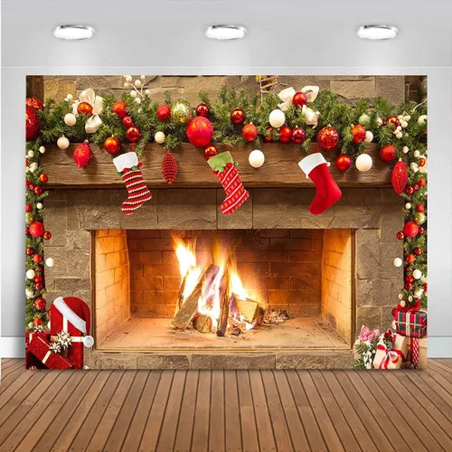 Miniatura 9 de Mocsicka Telón de fondo temático de chimenea navideña para fotografía, árbol de Navidad, calcetín, regalo, decoraciones para fiestas familiares