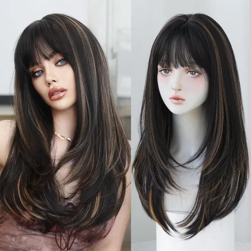 Miniatura 12 de 7JHH WIGS - Peluca de cabello sintético largo y liso con flequillo para mujer, aspecto natural (22 pulgadas, té negro)