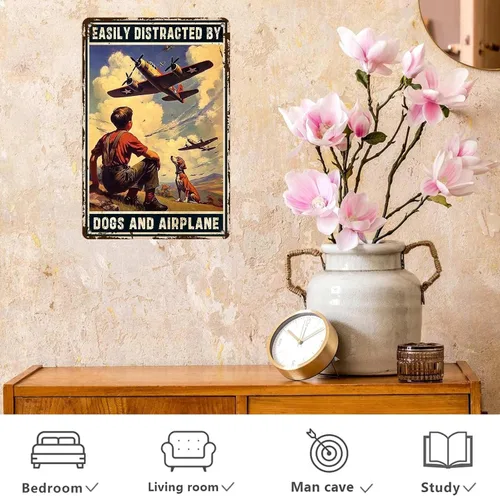 Miniatura 6 de Cartel de avión, póster de metal vintage para habitación de niño, fácil de distraer con perros y aviones, entusiastas militares, arte de pared