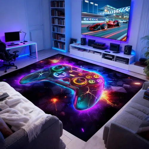 Miniatura 10 de Alfombra de área de juegos neón de 3 x 5 pies para habitación de niños, alfombra colorida de control de juegos para decoración de habitación