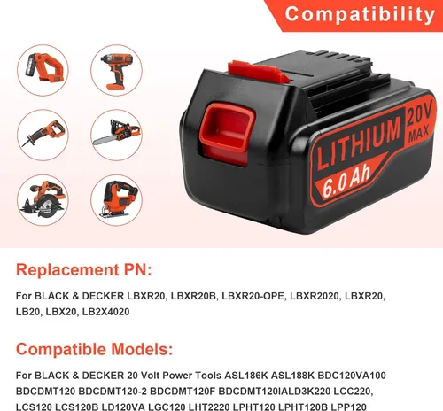 Miniatura 6 de Labtec LBX4020 - Paquetes de baterías de 20 V 6000 mAh compatibles con Black&Decker 20V LBXR20 LBXR20B LBXR20-OPE LBXR2020 LBXR20 LBXR20 LBX20
