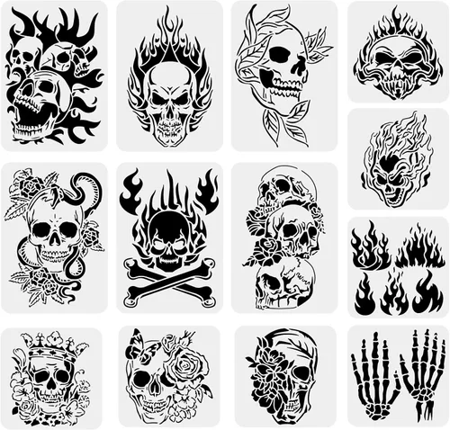 Miniatura 9 de BENECREAT 12 plantillas de dibujo de plástico con patrón de calavera, plantilla de pintura de suspenso de terror de 12 x 12 pulgadas para hacer Tema