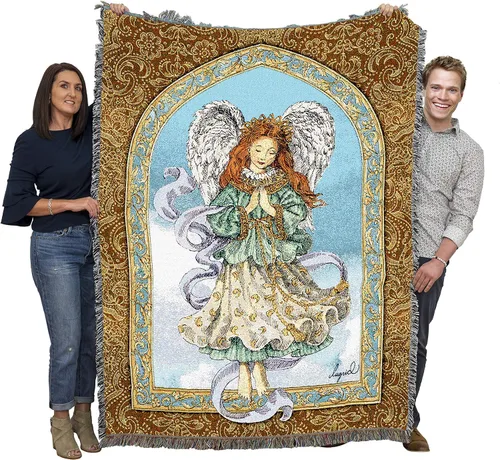 Miniatura 13 de Pure Country Weavers Angelic Trio - Manta con diseño de tres ángeles tocando música, manta cuadrada para regalo, tejida de algodón, fabricada