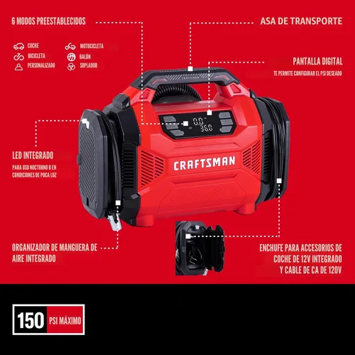 Miniatura 7 de CRAFTSMAN Inflador de neumáticos de doble potencia, compresor de aire portátil, enchufe de automóvil de 12 V CC y uso doméstico de 120 V CA, hasta