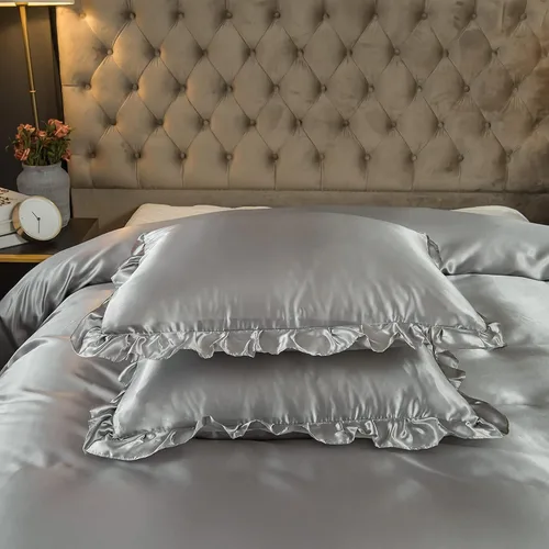 Miniatura 3 de Juego de funda de edredón de satén sedoso, ropa de cama con volantes grises, diseño de volantes de satén gris claro, juego de ropa de cama de satén