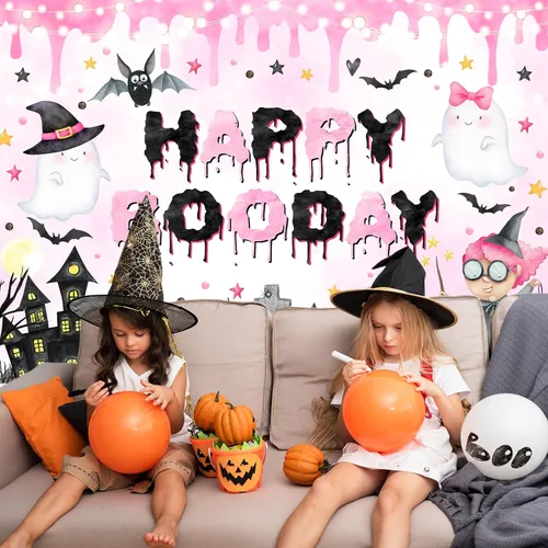 Miniatura 3 de Avezano Telón de fondo rosa de 7 x 5 pies, decoración de fiesta de cumpleaños de Halloween para niñas, suministros de pancartas de Halloween