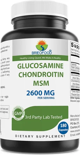 Brieofood Triple fuerza glucosamina condroitina MSM 2600 mg/cápsulas para servir, apoya articulaciones saludables, cartílago y tejido conectivo -