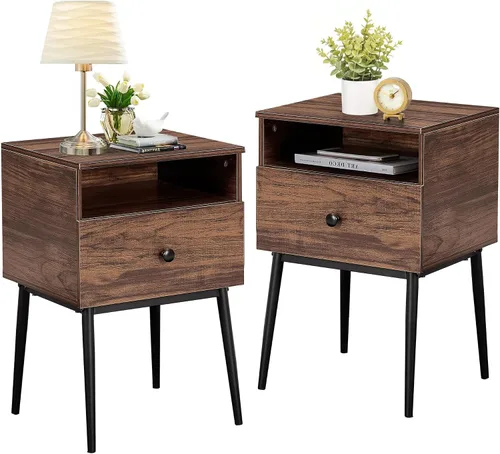 Miniatura 12 de VECELO Juego de 2 mesitas de noche modernas, mesa auxiliar cuadrada con cajón y espacio de almacenamiento para dormitorio y sala de estar
