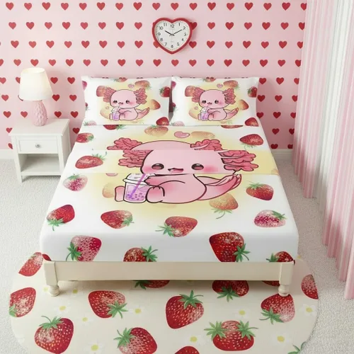 Miniatura 41 de QOOMO Ropa de cama Kawaii Axolotl para niños y niñas, diseño de flor de cerezo rosa, juego de ropa de cama súper suave para niños, con estrellas