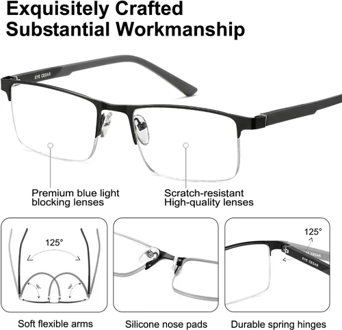 Miniatura 3 de EYECEDAR Paquete de 5 lentes de lectura con bloqueo de luz azul de alta calidad para hombre, medio marco de metal, bisagras de resorte, lectores