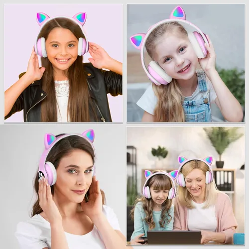 Miniatura 8 de Auriculares Bluetooth con cancelación de ruido para niños, auriculares plegables con forma de orejas de gato y luz LED, auriculares con orejas