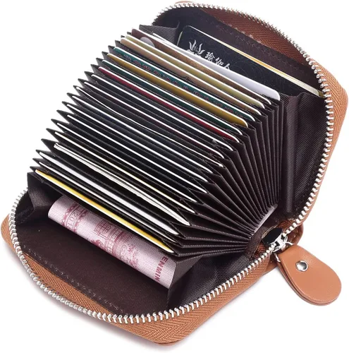 Miniatura 9 de Tarjetero de tarjetas de crédito con cremallera para mujer bloqueo RFID fundas para tarjetas de visita para mujer marrón