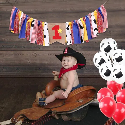 Miniatura 4 de Woody and Jessie - Cartel de primer cumpleaños para silla de bebé niño, decoraciones de fiesta occidental, pancarta de vaquero del oeste