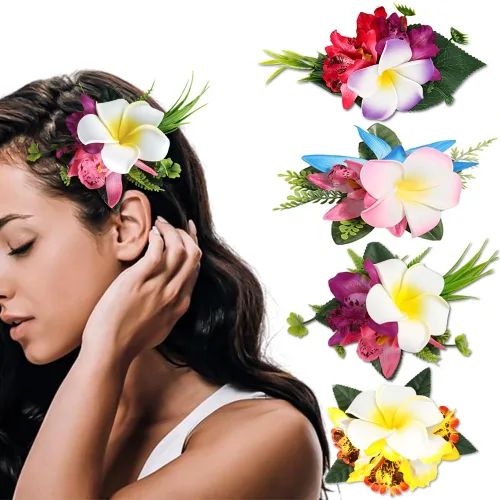 Accesorios para el cabello de flores de plumeria hawaiana Ahoney para mujeres y niñas - 4 piezas de broches y horquillas de flores artificiales para