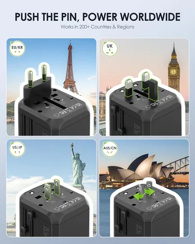 Miniatura 4 de EPICKA Adaptador de viaje universal de 35 W con 2 salidas de CA, adaptador de enchufe de viaje europeo con carga rápida PD, 6 puertos
