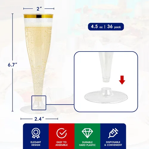 Miniatura 2 de JOLLY CHEF Copas de champán de plástico de 36 unidades de 4.5 onzas con borde dorado transparente desechables para tostadas 4.5-Llanta dorada-36