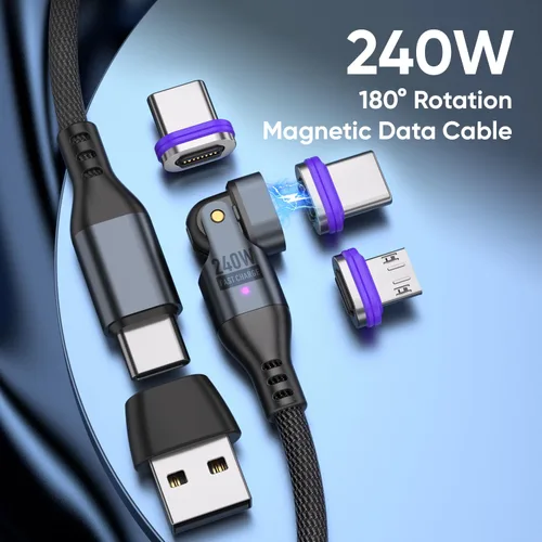 Miniatura 2 de Cable de carga magnético de 240 W, cable de datos magnético USBC a USB C giratorio de 180°, cable de carga rápida para teléfono micro USB