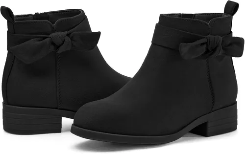 Coutgo Botas de tobillo con nudo de lazo para niñas, tacón bajo y grueso, cremallera lateral, bonitos botines de vestir para niños pequeños y grandes
