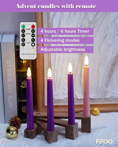 Miniatura 3 de FPOO Velas de Adviento sin llama con portavelas de madera, velas de Adviento que funcionan con baterías, 3 candeleros LED morados y 1 rosa