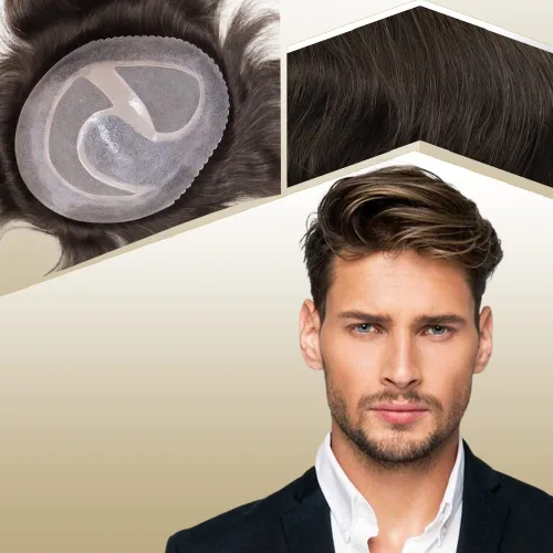 Miniatura 8 de Toupee para hombres sistemas de reemplazo de cabello humano real europeo para hombres, postizos finos, centro de encaje, piel más gruesa, pieza