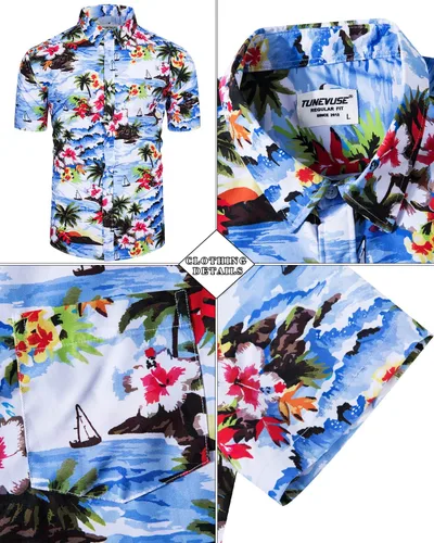 Miniatura 28 de TUNEVUSE Conjunto de camisas y pantalones cortos hawaianos para hombre, 2 piezas, trajes de playa con estampado de flores, traje tropical de verano