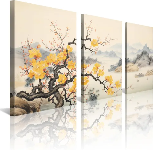 Miniatura 15 de Arte de Pared de Acuarela de Estilo Asiático Tradicional Chino Pájaro en Rama de Flor de Cerezo Roja Decoración Paisaje Floral Oriental Pintura