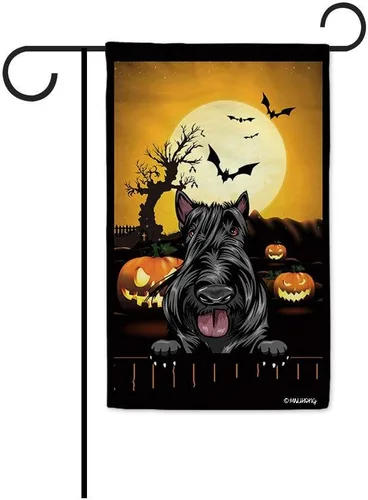 Miniatura 32 de Bandera de jardín de calabaza de Feliz Halloween Jack O'Lantern con perro Rhodesian Ridgeback Halloween Bat Boo Bandera decorativa para patio al