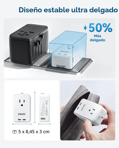 Miniatura 2 de DOACE Adaptador de viaje Pico de 45 W, adaptador de corriente universal de 5 puertos, 1 CA, 2 USB C y 2 USB-A, adaptador de enchufe internacional